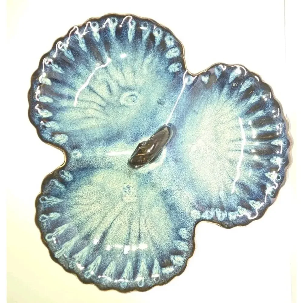 MCM 1960s California Pottery Blue Triple Section Scallop Shell Serving Tray